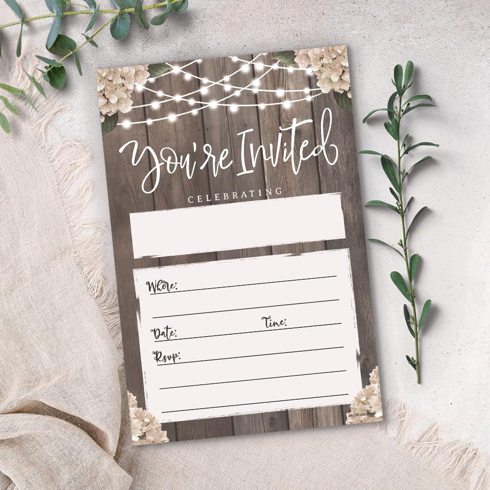 Bridal Shower Rustic Party Invitations - 20 Invites With Envelopes - Wood With String Lights Design - Wedding Reception, Engagement Party, Rehearsal Dinner Party, Milestone Birthday or Housewarming