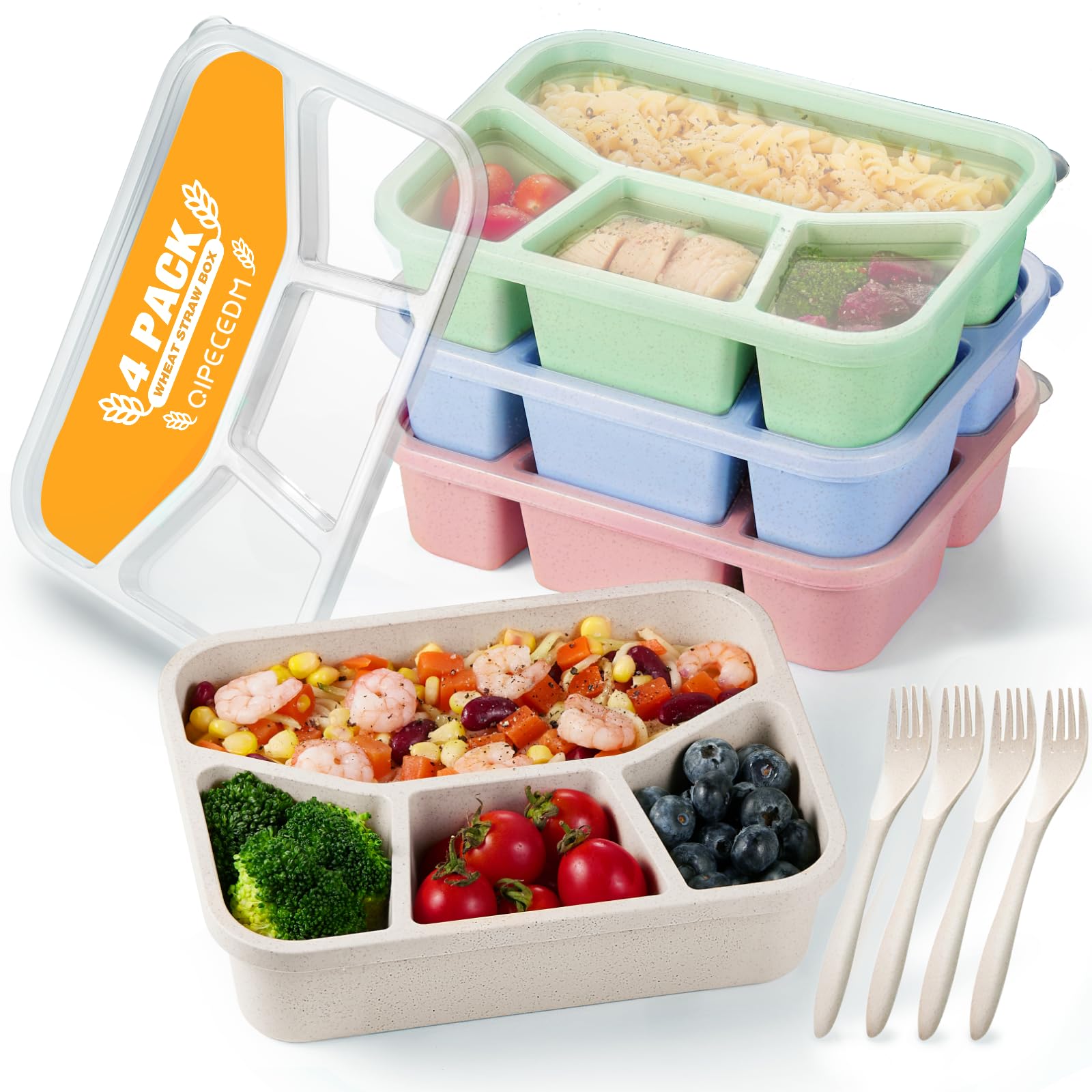 Qipecedm 4 Pack Bento Lunch Box, 4 Compartment Wheat Straw Meal Prep Containers for Kids/Toddle/Adults, BPA Free Reusable Food Snack Storage Containers, Durable Bento Box for School, Work and Travel