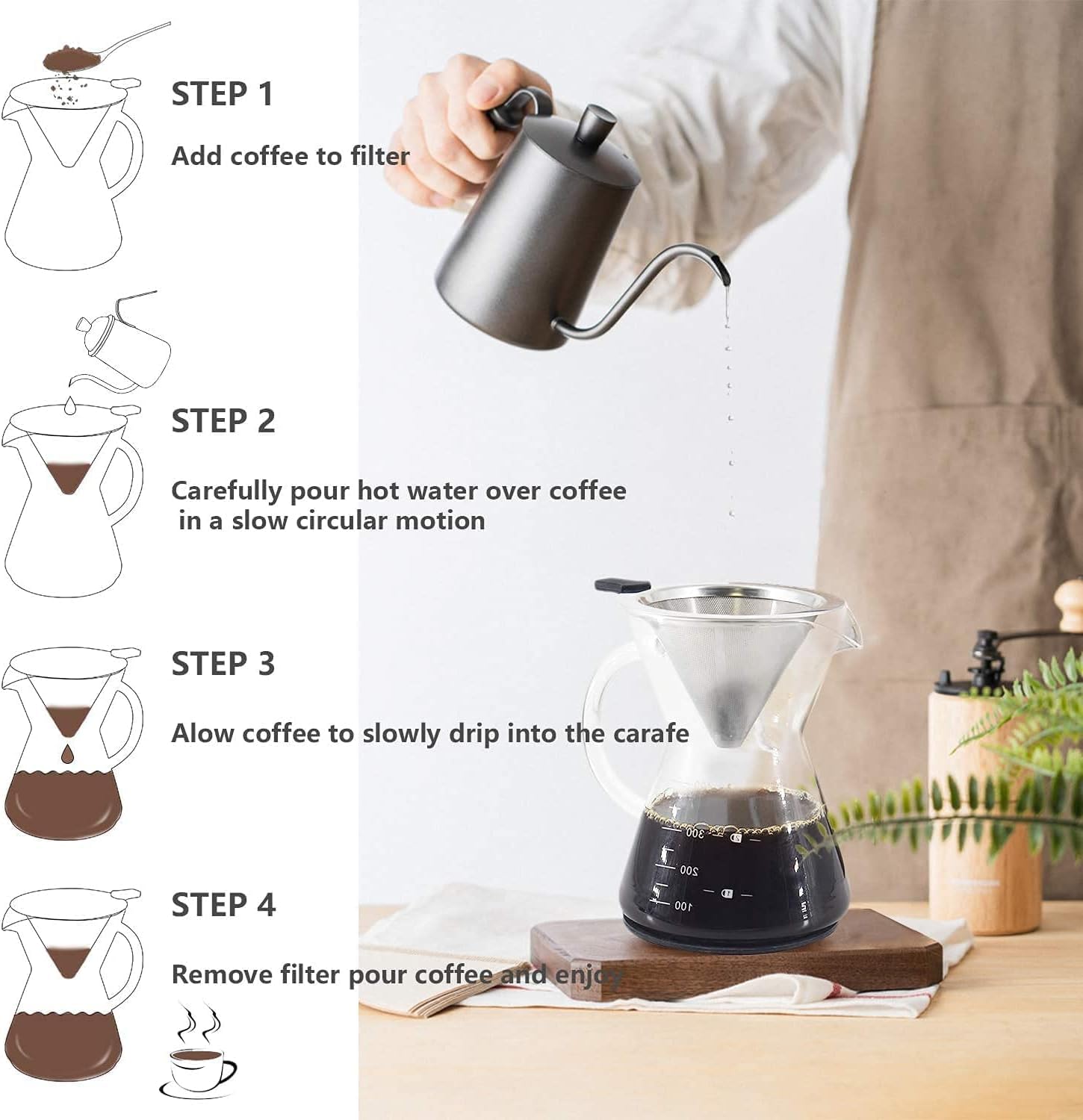 Pour Over Coffee Maker with Stainless Steel Filter, Borosilicate Glass Carafe Manual Coffee Dripper Brewer with Handle, No Paper Filters Needed Hand Drip Coffee Maker (13.5 OZ for 3 Cups)