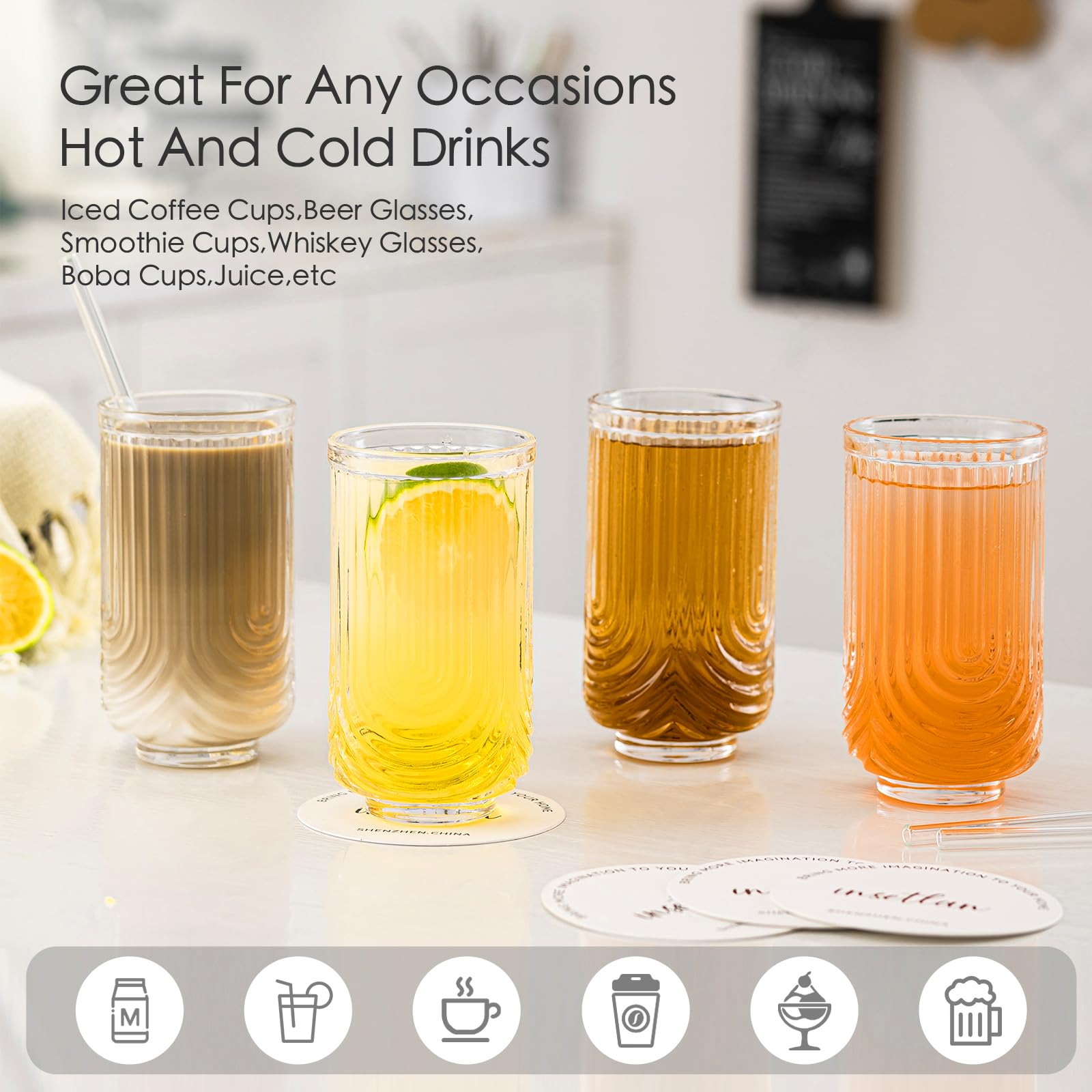 INSETLAN Set of 6 Water Drinking Glasses, Arch Design Cocktail Glasses, Vintage Glassware, Collins Glass Cups for Coffee, Wine, Whiskey, Juice, Housewarming Presents, New House Essentials