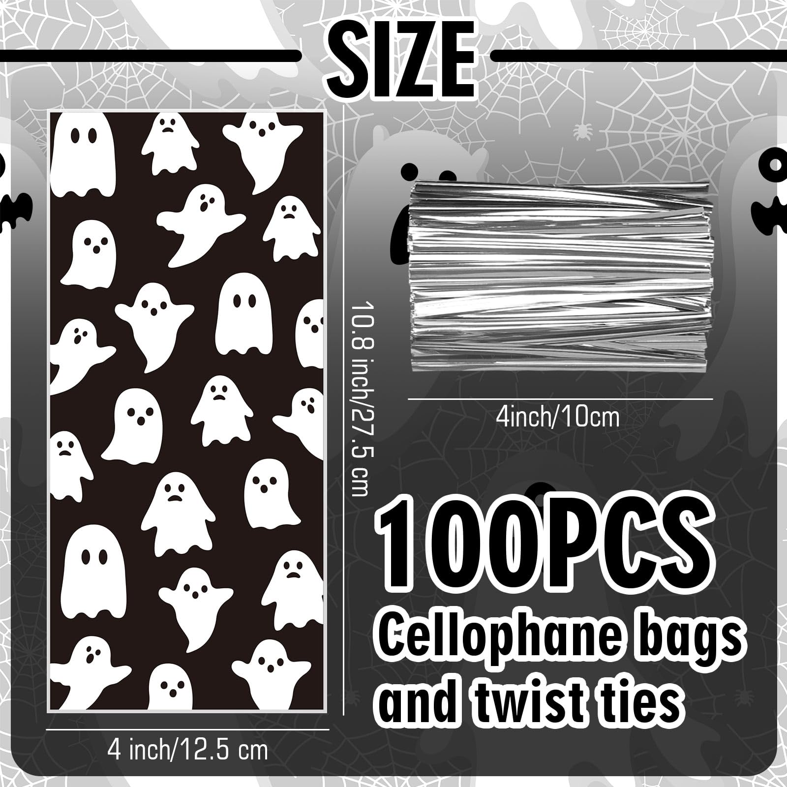 Whaline 100Pcs Halloween Cellophane Treat Bags with Silver Twist Ties Black White Ghost Plastic Candy Goodie Bags Party Favor Bags for Halloween Party Favors