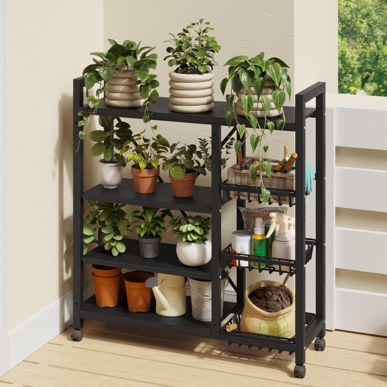 Storage Shelves, Adjustable 4-Tier Kitchen Shelves with 3 Wire Baskets, Kitchen Organizers and Storage, Metal Shelf Rack with Wheels for Garage, Pantry, Bathroom, Closet, House Warming Gifts New Home