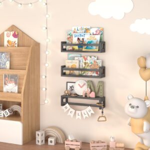 URBANCOZ Floating Nursery Book Shelves for Wall, 15.7 Inch Nature Solid Wood Wall Mounted Bookshelf Set of 3, Hanging Bookshelves for Kids Room, Bedroom Nursery Decor and Book Storage (Black)