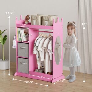 XJD Kids Dress Up Storage Wardrobe with Mirror and Drawers, Kids Clothes Rack Armoire Dresser Storage Bin(Pink)