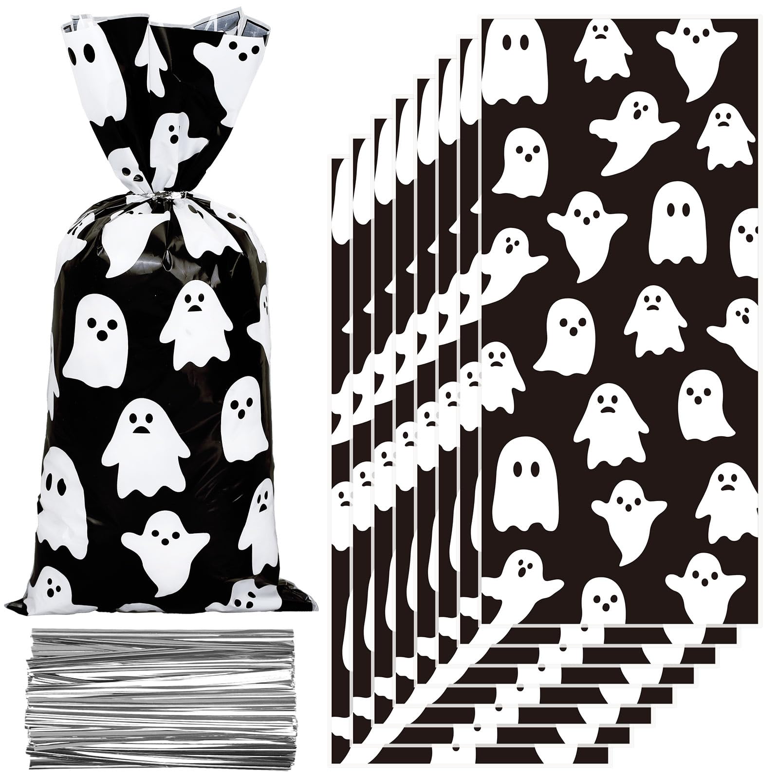 Whaline 100Pcs Halloween Cellophane Treat Bags with Silver Twist Ties Black White Ghost Plastic Candy Goodie Bags Party Favor Bags for Halloween Party Favors