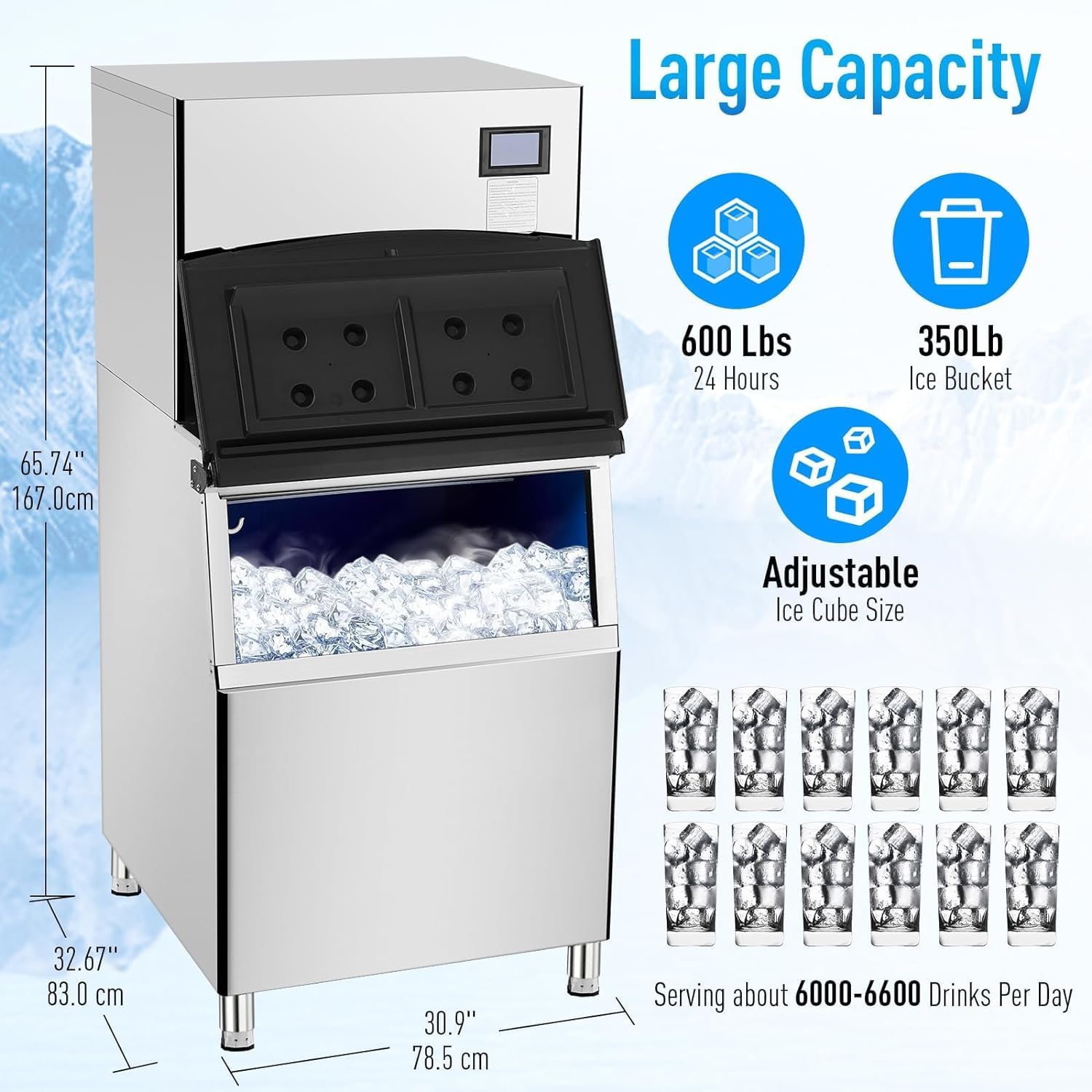 Zstar 600LBS/24H Commercial Ice Maker Machine, Freestanding Large Ice Maker with 350LBS Ice Storage Bin, Ice Ready in 5-15min, Stainless Steel Industrial ice Machine for Commercial Restaurant Cafe Bar