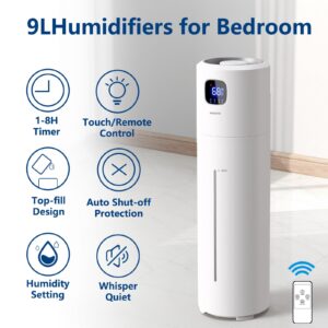 AKELISYE 9L/2.5Gal Large Humidifiers for Large Bed Room, Ultrasonic Cool Mist Top Fill Humidifier with 350ML/H Large Mist Speed, Remote, Quiet Tower Humidifier for Baby Home Plant Yoga Sleep Office