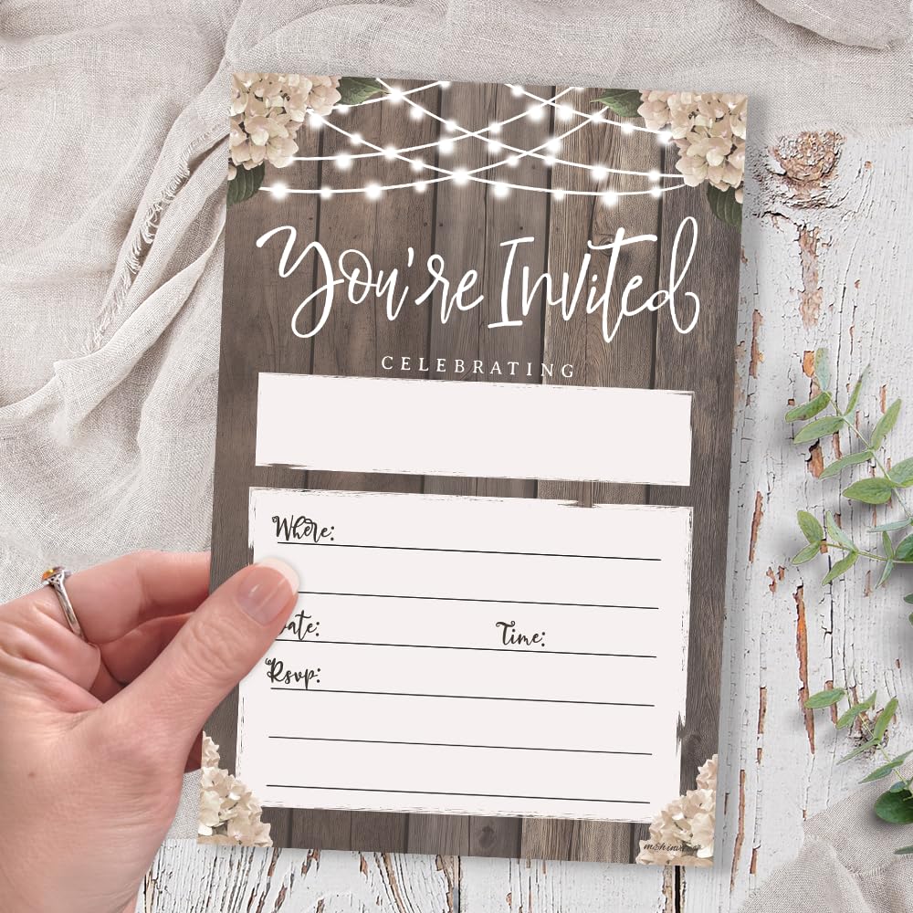 Bridal Shower Rustic Party Invitations - 20 Invites With Envelopes - Wood With String Lights Design - Wedding Reception, Engagement Party, Rehearsal Dinner Party, Milestone Birthday or Housewarming