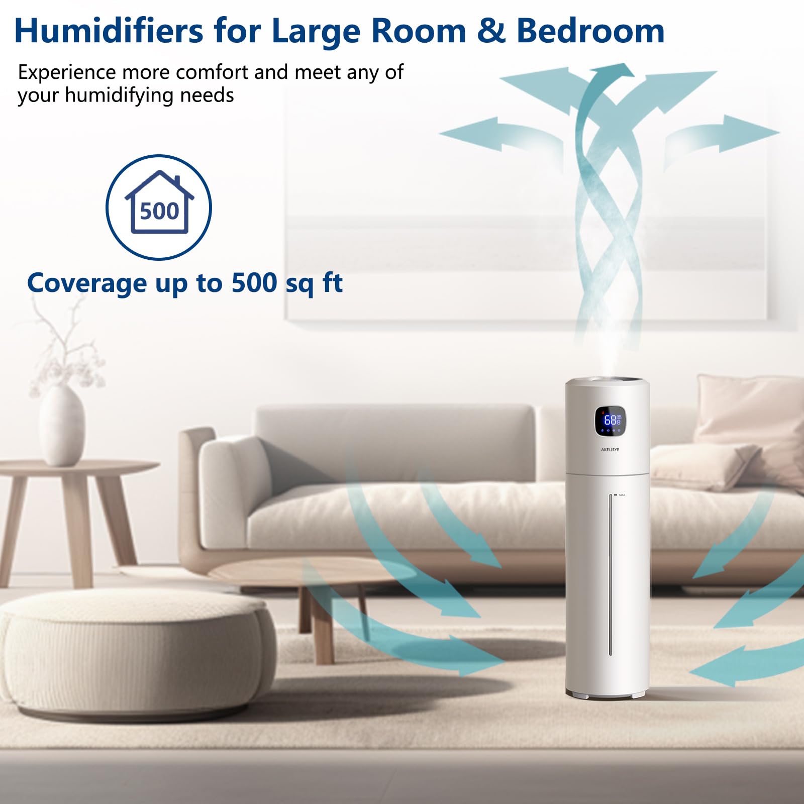 AKELISYE 9L/2.5Gal Large Humidifiers for Large Bed Room, Ultrasonic Cool Mist Top Fill Humidifier with 350ML/H Large Mist Speed, Remote, Quiet Tower Humidifier for Baby Home Plant Yoga Sleep Office