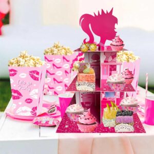 Zliisang Pink Princess Cupcake Stand 3-Tiered Pink Dessert Table Displays Pink Centerpieces for Girls Birthday Party Decorations Princess Baby Shower Table Decorations