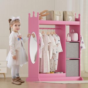 XJD Kids Dress Up Storage Wardrobe with Mirror and Drawers, Kids Clothes Rack Armoire Dresser Storage Bin(Pink)