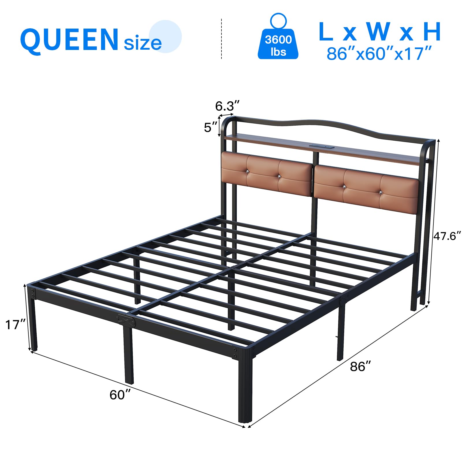 UOMEUR Queen Bed Frames,Queen Bed Frame with Headboard & Charging Station,Black Bed Frame Queen Size No Box Spring Needed,Metal Queen Bed Frames for Kids,Boys,Girls,Adult,Easy Assembly and Noise Free