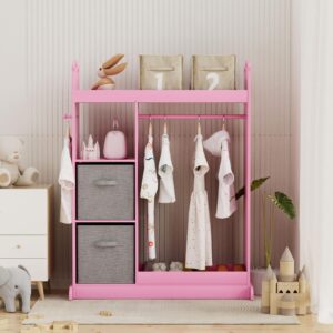 XJD Kids Dress Up Storage Wardrobe with Mirror and Drawers, Kids Clothes Rack Armoire Dresser Storage Bin(Pink)