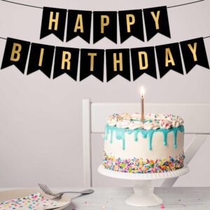 Pre-Strung Happy Birthday Banner - NO DIY - Black Birthday Party Banner With Gold Letters - Pre-Strung on 8 ft Strands - Black Birthday Party Decorations & Decor for Men & Women. Did we mention no DIY?