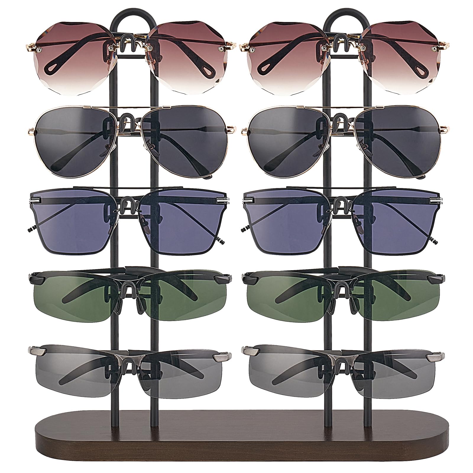 Mkono Sunglasses Organizer for 10 Pairs of Eyewear Glasses Holder Display Stand Sunglass Storage Eyeglasses Rack Double Metal Frames with Wood Base for Table Desk Countertop Dresser Bedroom