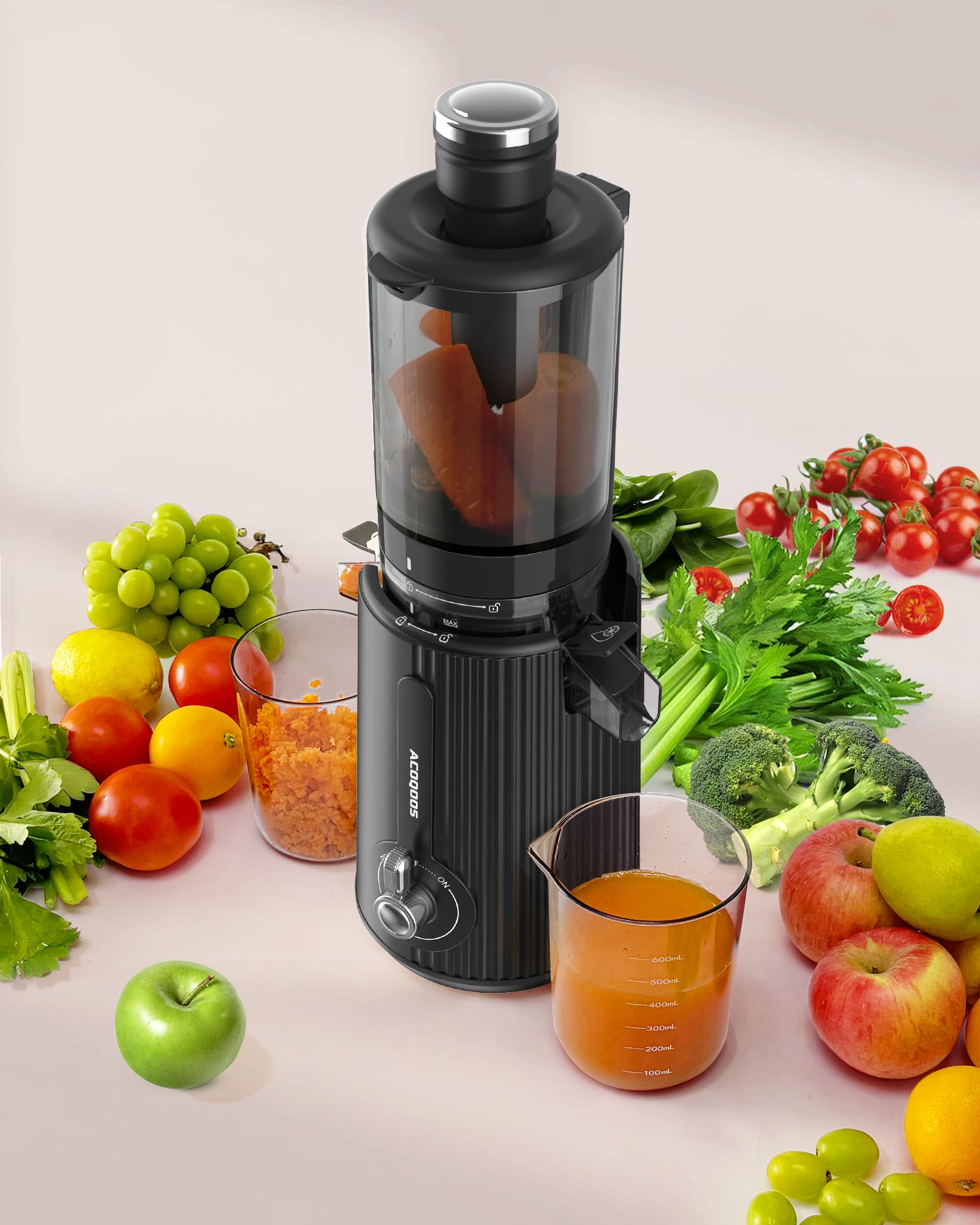 ACOQOOS Juicer Machines, Cold Press Juicer Whole Fruit and Vegetable with 4.3" Feeding Chute, Easy to Clean Juicers with 2 Cups, Masticating Juicer Black