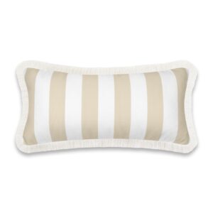 Hofdeco Premium Coastal Patio Indoor Outdoor Long Lumbar Pillow Cover Only, 12"x26" Water Repellent for Backyard, Couch, Neutral Tan Stripes with Fringe