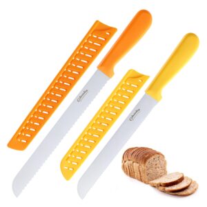 2pcs bread knives, ohola 9 inch orange handle bread knife & 8 inch yellow handle bread knife, serrated bread knife cutter for slicing homemade bread, bagels, cake (matched knife sheath included)