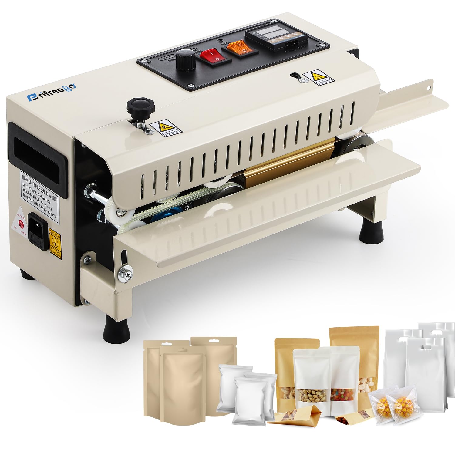 Frifreego Commercial Heat Sealer Machine, Automatic Continuous Band Sealer, Temp&Speed Adjustable, Horizontal Bag Sealing Machine for Plastic Packing Bags, Desktop Beige