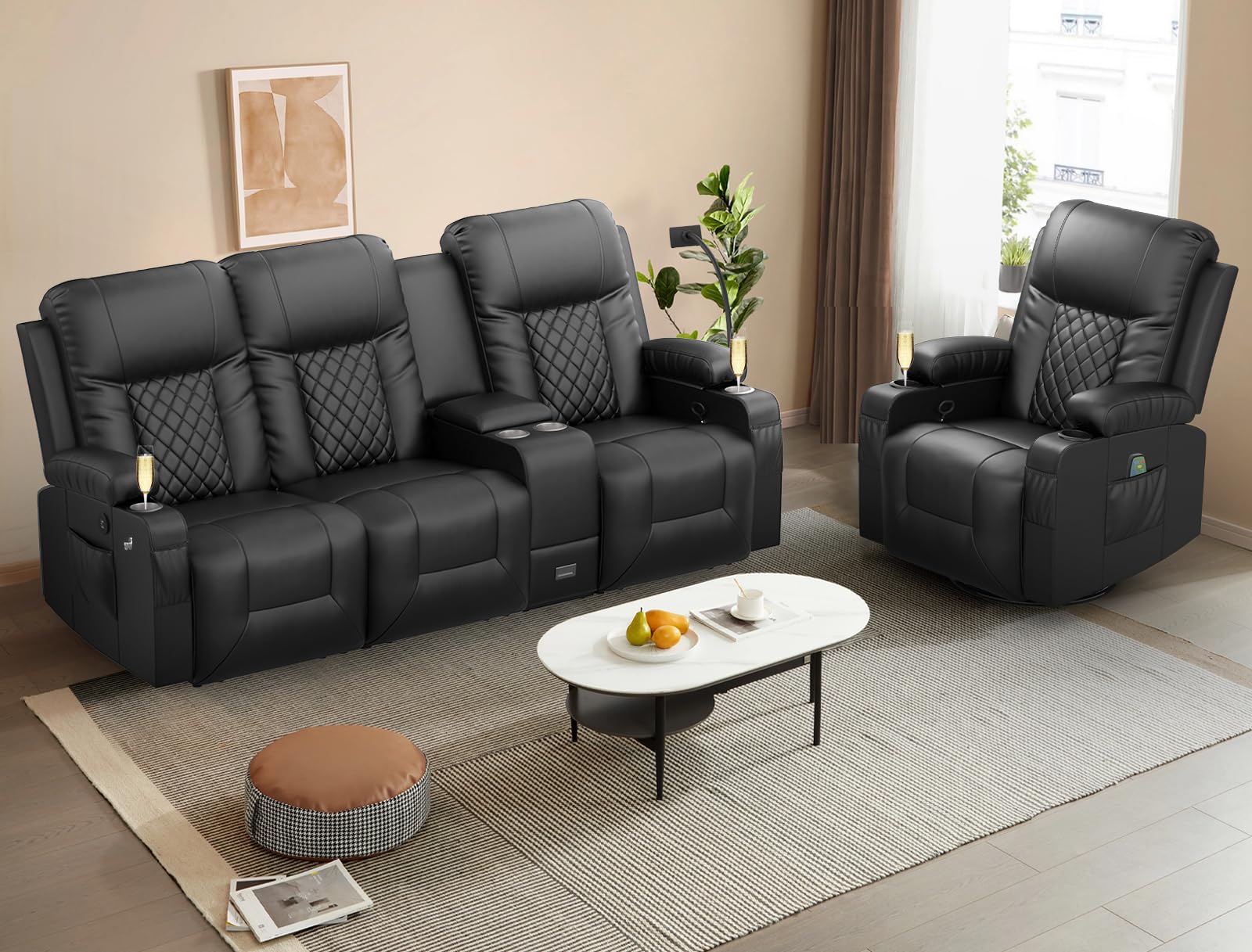 YONISEE Recliner Sofa Set, Modern 3 Seat Reclining Sofa and 1 Seat 360° Swivel Recliner Chair with Heat and Massage for Living Room (3 Seat Sofa+Recliner Chair)