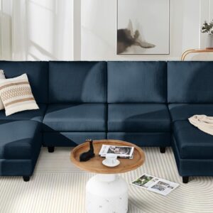 HALLYBEE Sectional Couches for Living Room Breathable Linen Oversized U Shaped Couch Convertible with Storage Modular Sectional Sofa with Ottoman 6 Seats Sectional Sofa Blue