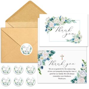 bybous 25 pack funeral thank you cards with envelopes matching stickers messages inside 4×6 in, watercolor rose cross bereavement sympathy thank you cards for funeral family friends loved ones