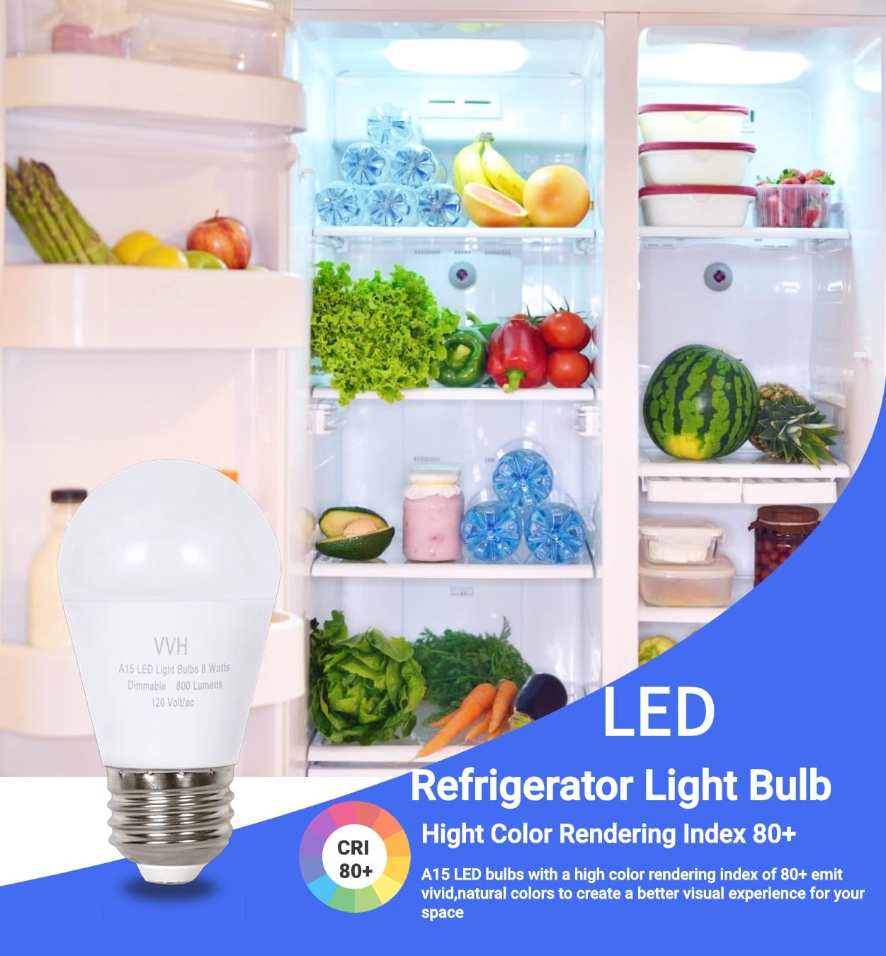 VVH 2 Pack LED Refrigerator Light Bulb 60 Watt Equivalent,A15 Light Bulb E26, 8W Daylight 5000K,800Lm,for Indoor and Outdoor, Ceiling Fan, Wall sconces,Appliance Bulb