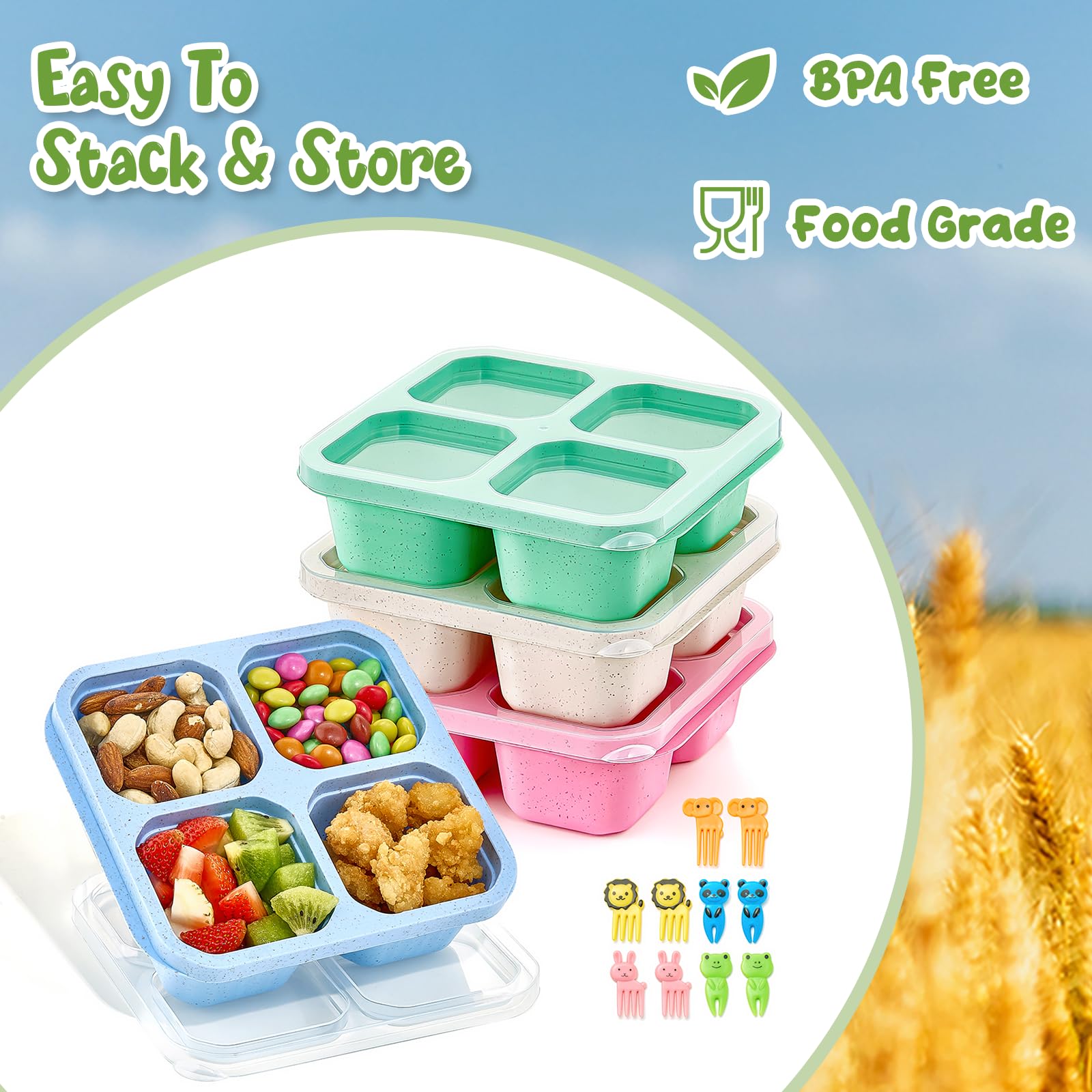 Bento Snack Boxes 4 Pack, Reusable Bento Boxes Kids Adults with 4 Compartments & Fork, Lunch Snack Containers, Wheat Straw Meal Prep Lunch Box, Divided Food Storage Containers for School Work Travel