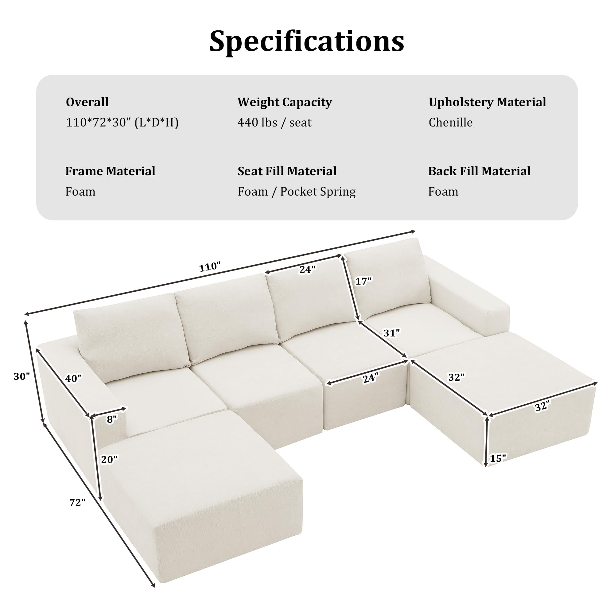 Olodumare U Shaped Minimalist Modular Sectional Sofa Sets, Modern 6 Pcs Luxury Chenille Floor Cloud Couch, Free Combination, Foam-Filled Sleeper Sofa Bed for Living Room, Office, Deep Seat, Beige