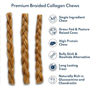 Scouts Essentials - 12” Premium Braided Collagen Chews 1 Pound 100% Natural Pure Grass-Fed Beef Single Source Treat Long Lasting Aggressive Dog Chewers Medium Large Dogs Muscle Growth