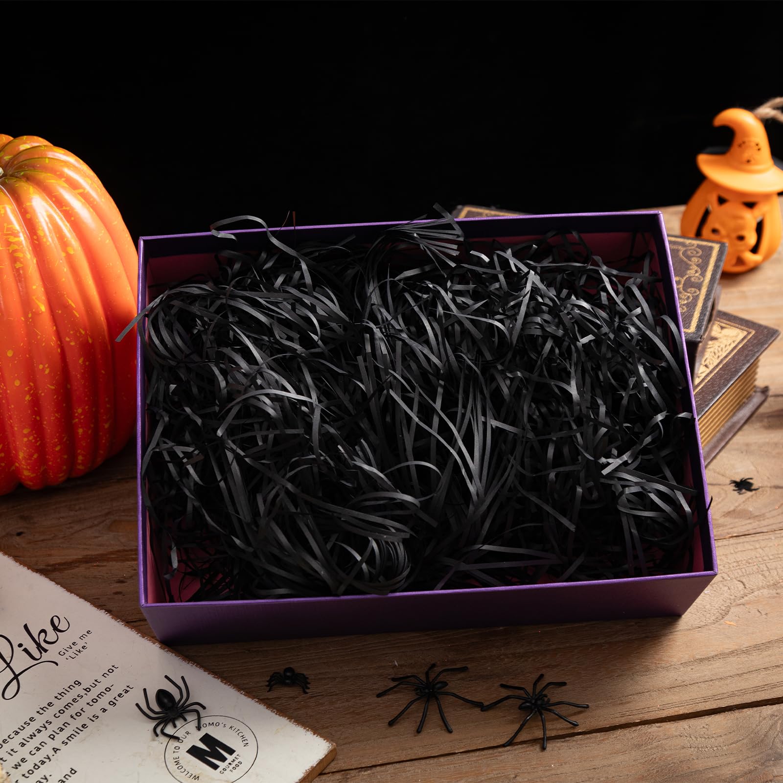 Gloreyan 1/2LB Halloween Shredded Paper Filler Black Raffia Paper Crinkle Cut Tissue Paper for Gift Wrapping Basket Filling Birthdays Party Supply(Black)