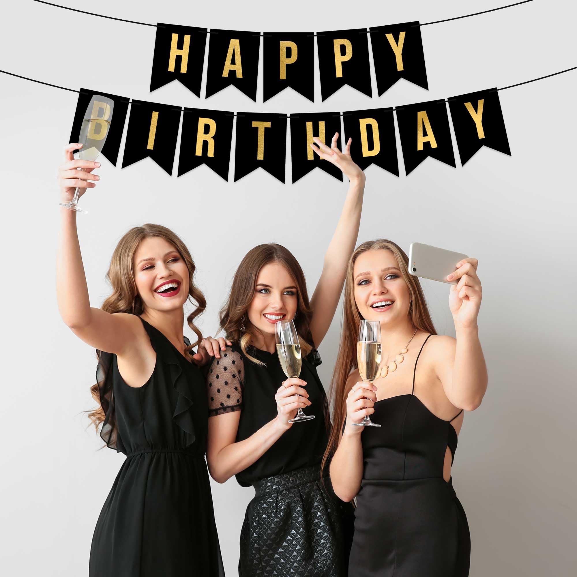 Pre-Strung Happy Birthday Banner - NO DIY - Black Birthday Party Banner With Gold Letters - Pre-Strung on 8 ft Strands - Black Birthday Party Decorations & Decor for Men & Women. Did we mention no DIY?