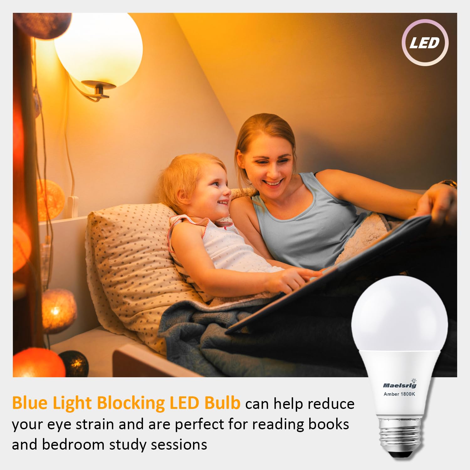 Maelsrlg Sleep Light Bulb, 60 Watt Equivalent, Dimmable, Blue Light Blocking LED Bulb, A19 E26 Base, 1800K Amber Light Bulbs, 9W 800 Lumen, Warm Light Bulbs, 4-Pack