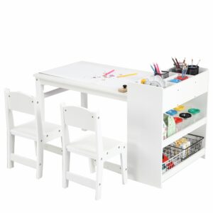 HobbyField Kids Art Table with 2 Chairs, Toddler Craft Play Wood Activity Desk with Large Storage Shelves,Wood Activity Desk for Writing Drawing Suitable for Nursery & Classroom