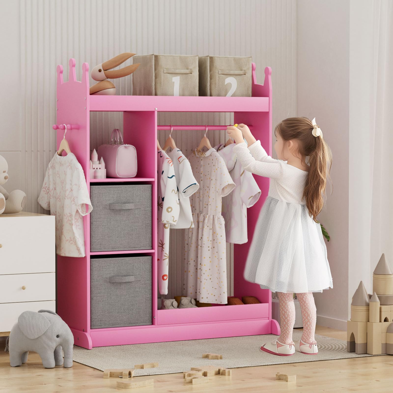 XJD Kids Dress Up Storage Wardrobe with Mirror and Drawers, Kids Clothes Rack Armoire Dresser Storage Bin(Pink)