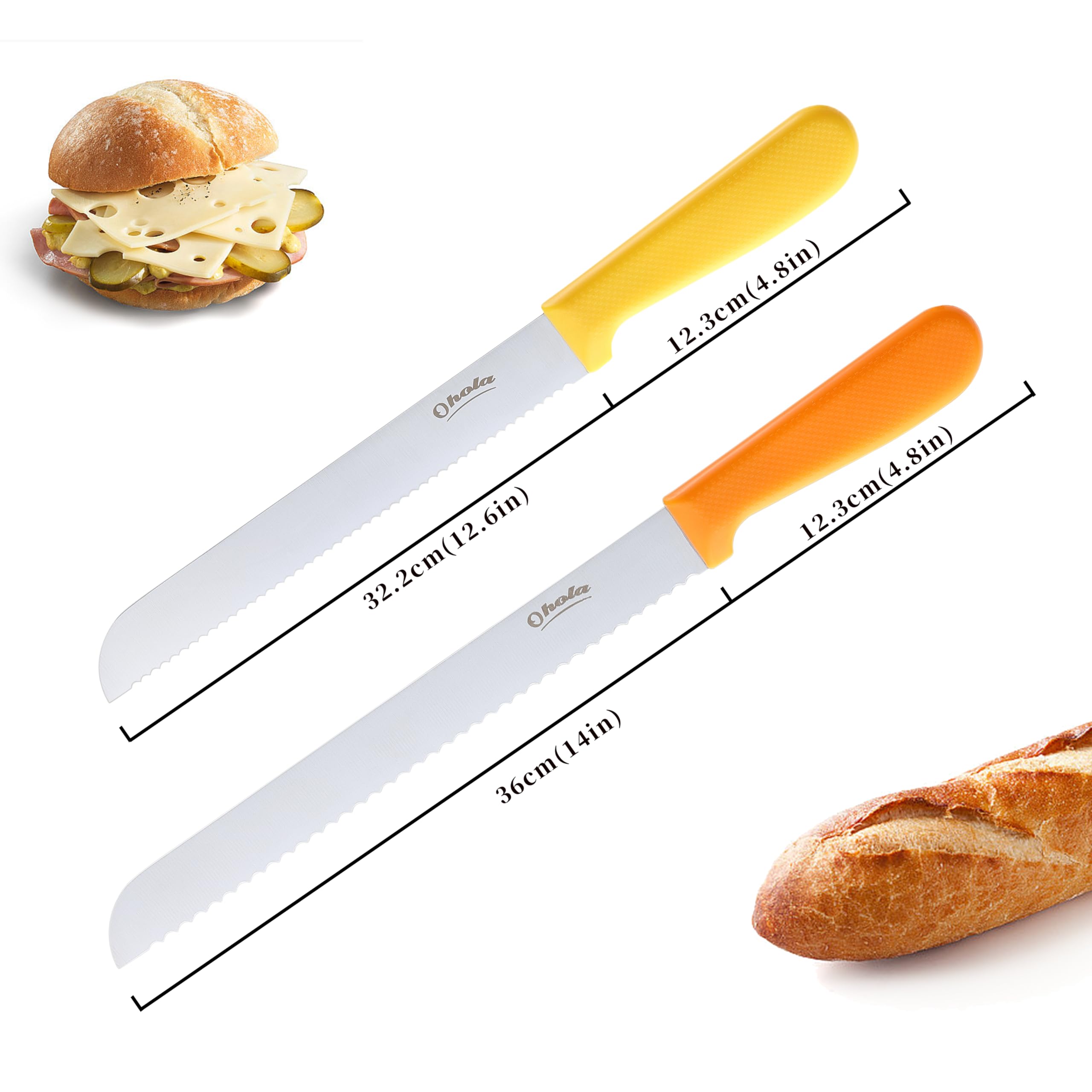 2PCS Bread Knives, Ohola 9 inch Orange Handle Bread Knife & 8 inch Yellow Handle Bread Knife, Serrated Bread Knife Cutter for Slicing Homemade Bread, Bagels, Cake (Matched Knife Sheath Included)