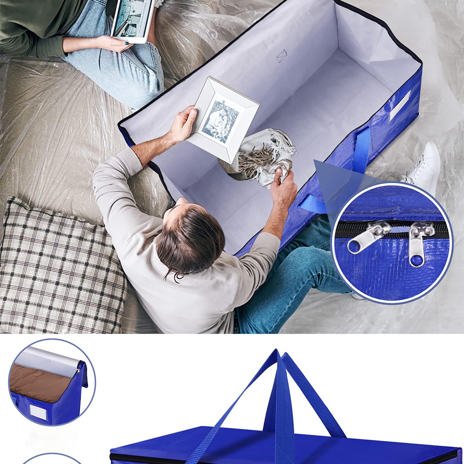 Extra Large Moving Bags with Long Handles &Strong Zippers,Extra Large Storage Bags for Space Saving, Fold Flat, Clothing Blanket Storage,Alternative to Moving Box (blue, 4PACK)