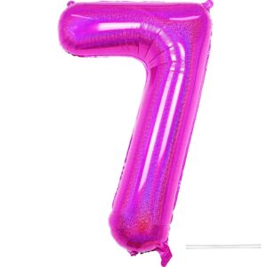 hot pink 7 balloon, 40 inch large laser hot pink foil helium number balloons 0-9 for girls women, giant self inflating mylar hot pink number 7 balloons for baby shower princess birthday anniversary