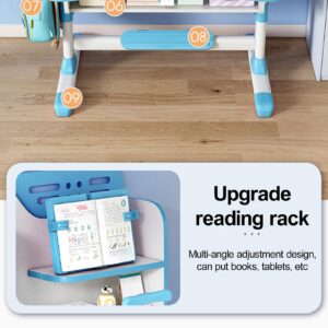 Kids Study Desk and Chair Set, Height Adjustable Kids School Desk, Wood Cartoon Learning Desks, Kids Desk with Storage, Children Study Table with Storage, Large Writing Board, Bookshelf (Blue)