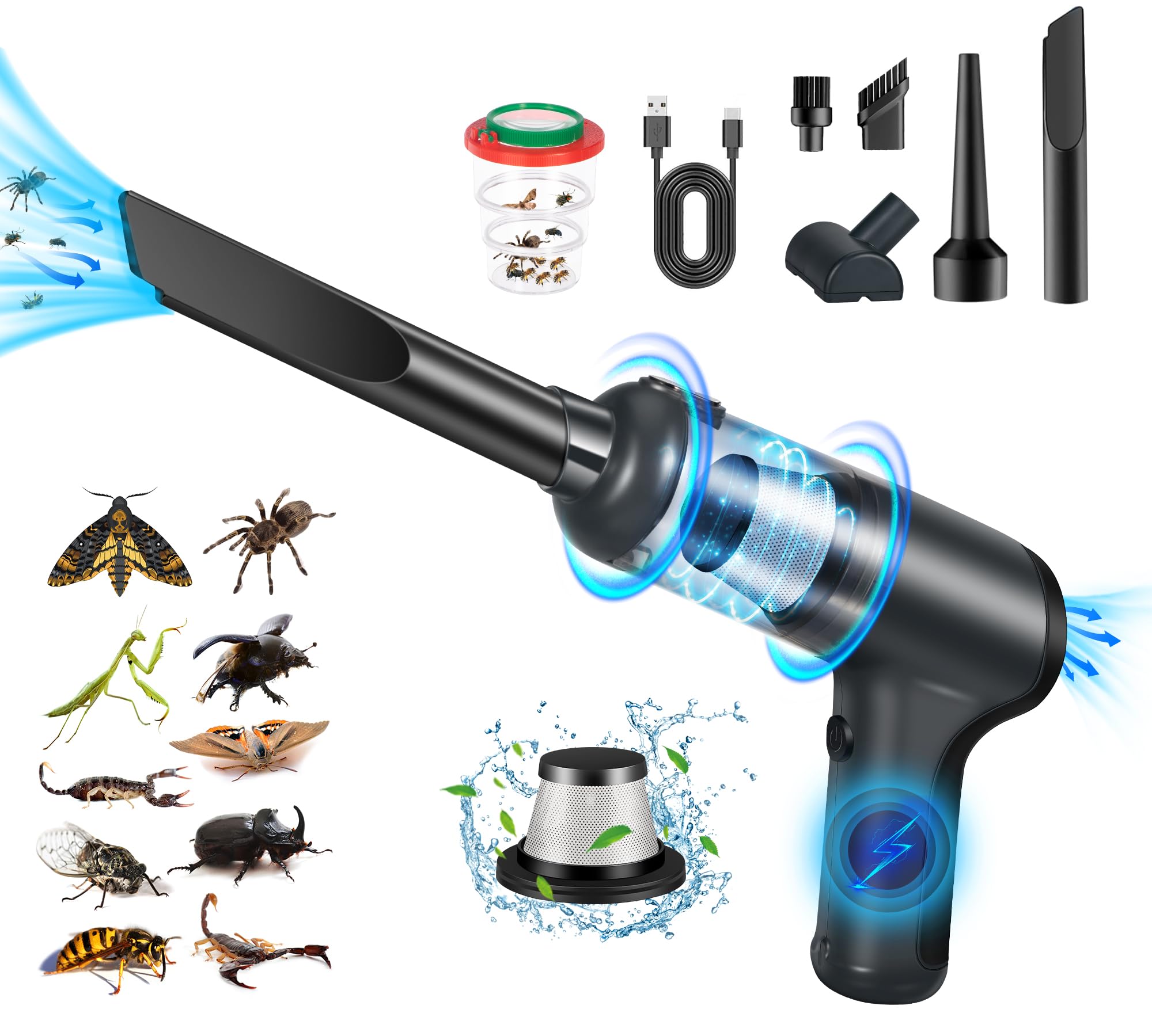 2024 Upgraded Bug Vacuum Catcher & Handheld Vacuum Cordless with 9000PA, High Power Bug Catcher Mini Portable Bug Trapper Use for Home Office Car RV Insect Traps Catcher and Release with Insect Cage