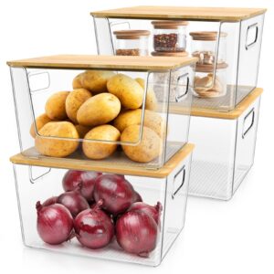 stackable storage bin for pantry front open & enclosed sets, kitchen counter organizer basket for potato, onion, garlic, fruit, vegetable, produce, clear plastic storage with lid&handle(2+2sets)