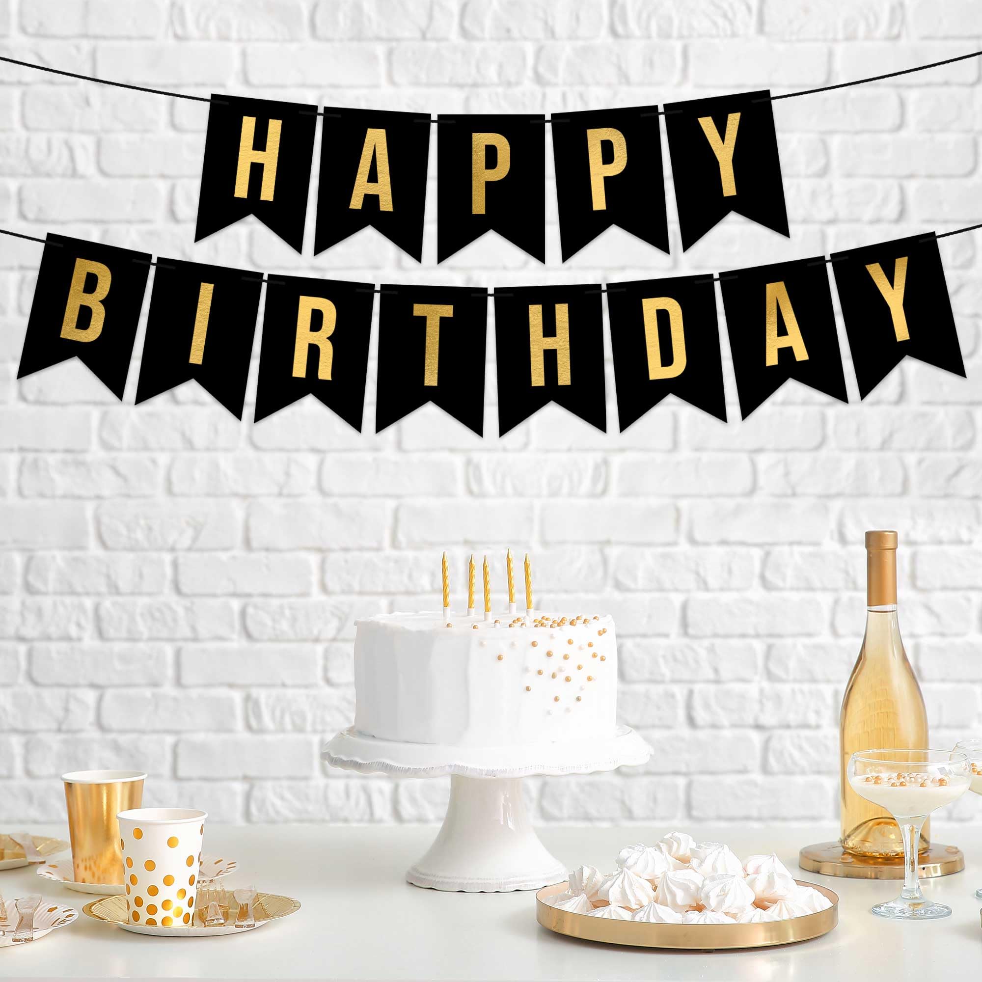 Pre-Strung Happy Birthday Banner - NO DIY - Black Birthday Party Banner With Gold Letters - Pre-Strung on 8 ft Strands - Black Birthday Party Decorations & Decor for Men & Women. Did we mention no DIY?