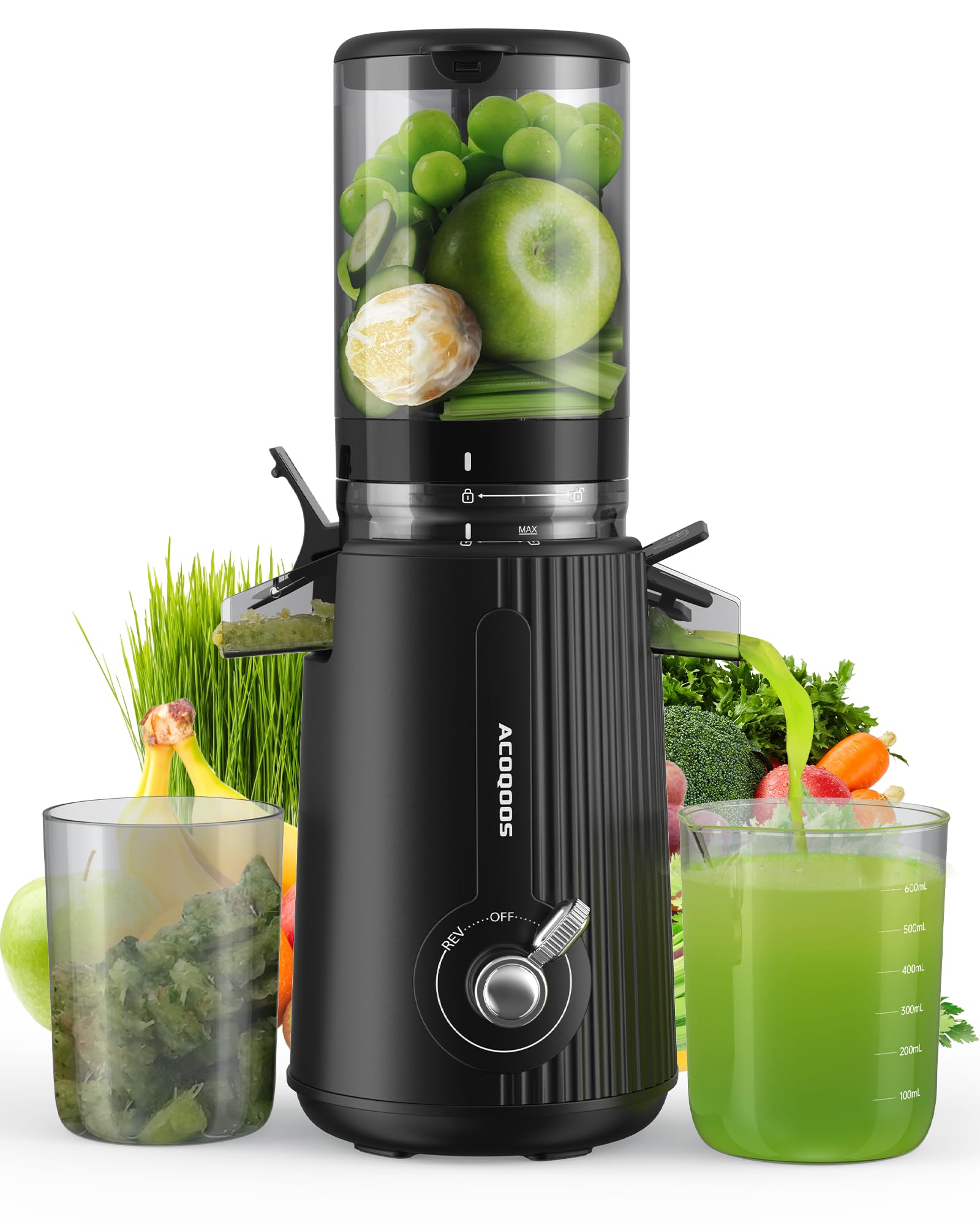 ACOQOOS Juicer Machines, Cold Press Juicer Whole Fruit and Vegetable with 4.3" Feeding Chute, Easy to Clean Juicers with 2 Cups, Masticating Juicer Black