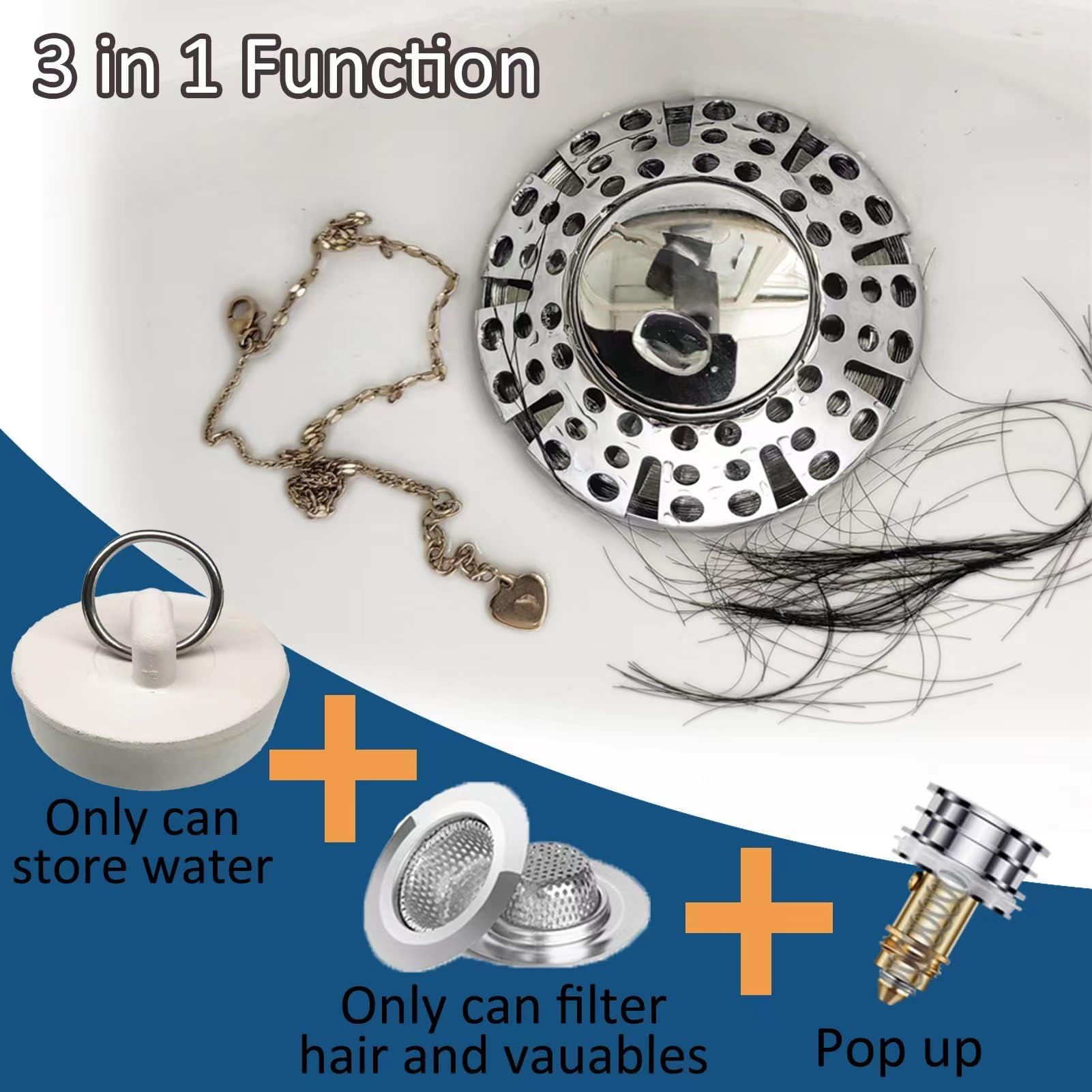 AzWzz 1 PCS Bathroom Sink Drain Stopper with Strainer and 1 PCS Bathtub Drain Stopper with Drain Hair Catcher, 3 in 1 Feature, All Brass Plating Process