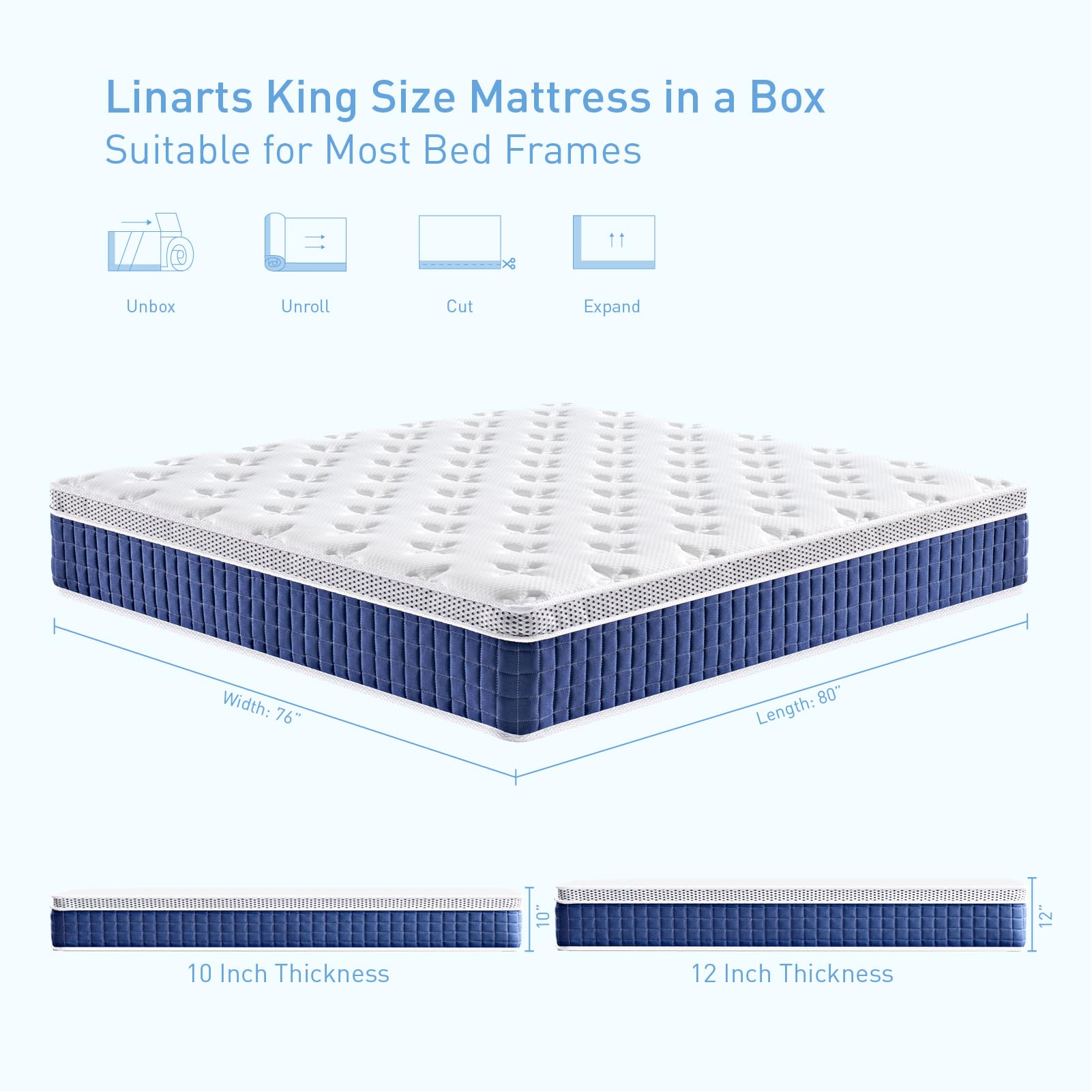 LINARTS King Mattress, 12 Inch King Size Hybrid Mattress in a Box with Pocket Spring & Soft Knitted Fabric for Comfort, Motion Isolation, Pressure Relief, Edge Support, Improve Sleep, Medium Firm