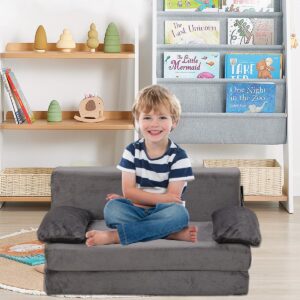 Weighted Idea Kids Sofa Toddler Couch Safe Sturdy for Boys, Soft Flannel Fabric Comfy Kid Couch Fold Out for Lounger, 2-in-1 Convertible Child Sofa Bed for Bedroom(Medium Grey)