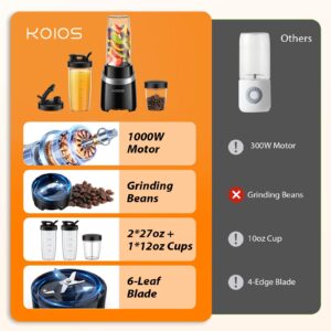 KOIOS Blender for Smoothies, 1000W Personal Blender and Grinder Combo for Kitchen with 2x27oz Portable Smoothie Cups with To-Go Lids 12oz Coffee Cup with Seal Cover Non-BPA for Baby Food, Ice Drinks