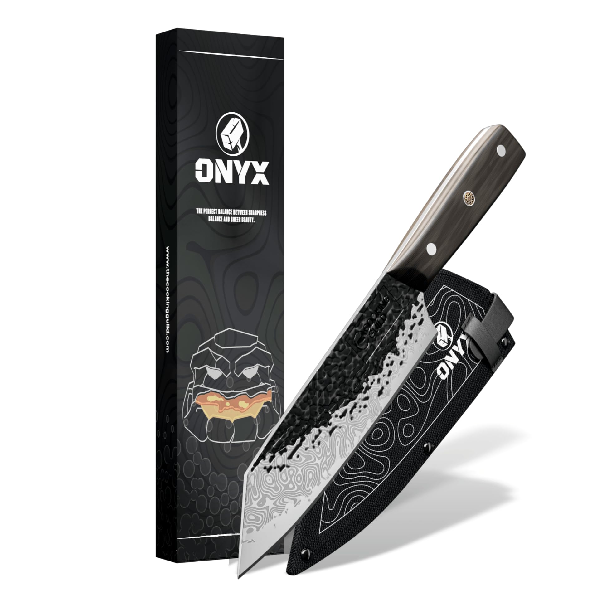 The Cooking Guild - Bunka Knife 7-inch Crafted from 67 layers Japanese Damascus Steel - Razor Sharp and Perfectly Balanced for Precision Cutting - Includes Protective ONYX Sheath