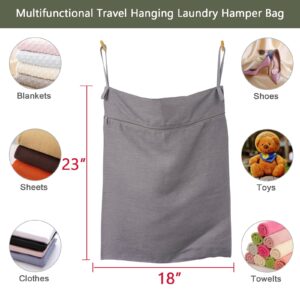 HSOFTIFY 1 Pcs 100% Linen Travel Hanging Laundry Hamper Bag for Dirty Clothes 18 * 23inches with Handles over Door Wash Bag for Kids Underwear Suitcase Luggage Compression Necessities,Grey