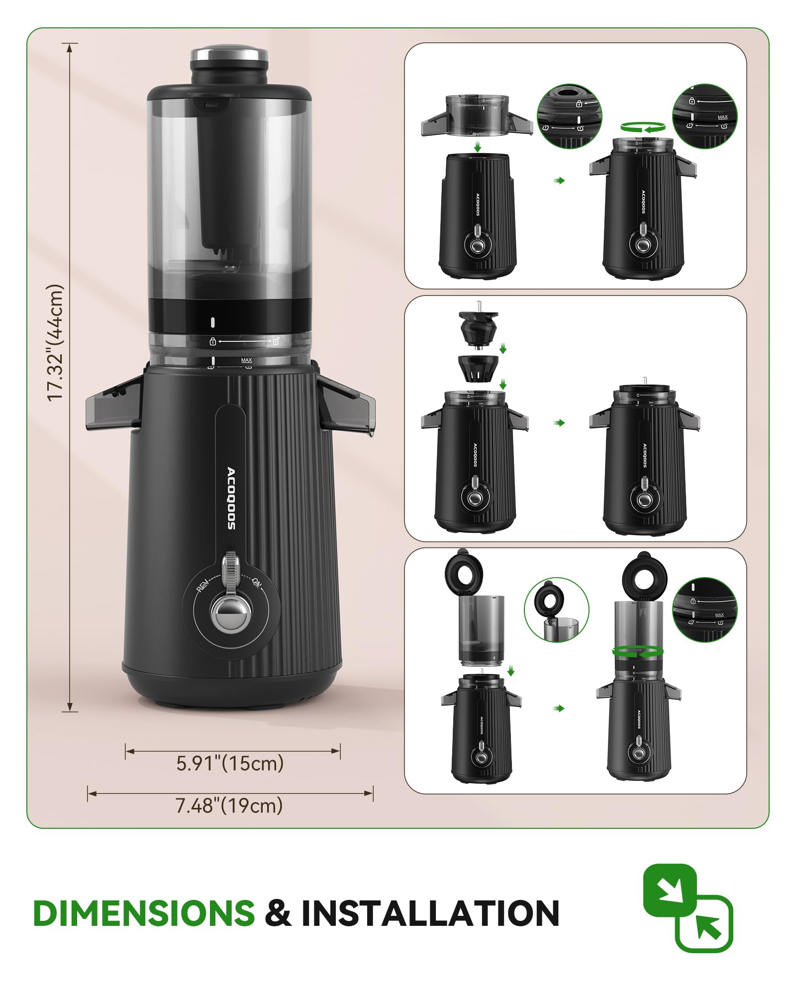 ACOQOOS Juicer Machines, Cold Press Juicer Whole Fruit and Vegetable with 4.3" Feeding Chute, Easy to Clean Juicers with 2 Cups, Masticating Juicer Black